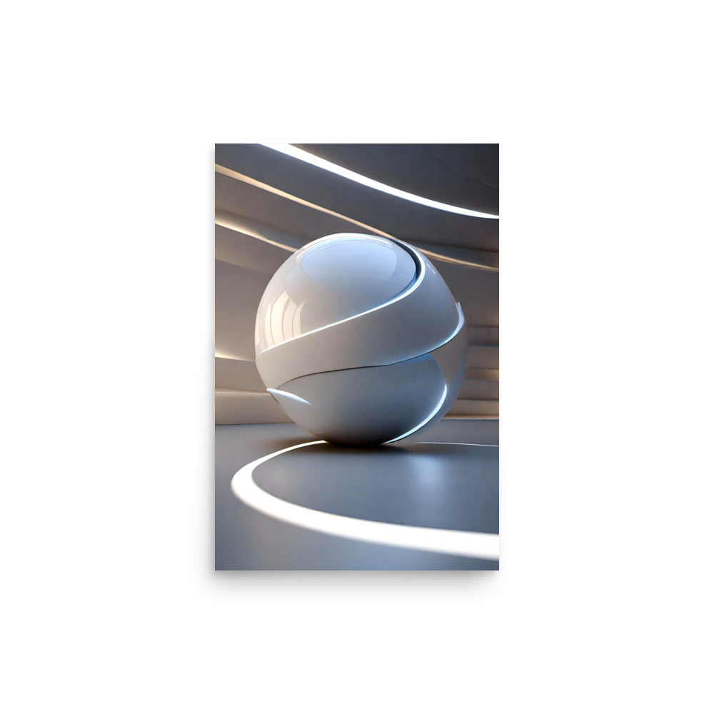 A beautiful modern art glossy white sphere reflecting the light from windows.