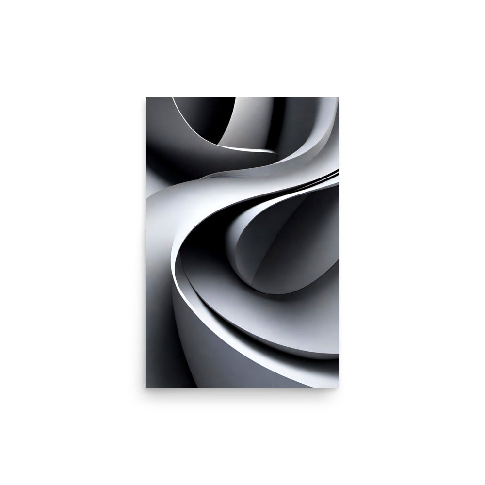 Black and white abstract art with mesmerizing curves in a vividly lit sculpture.