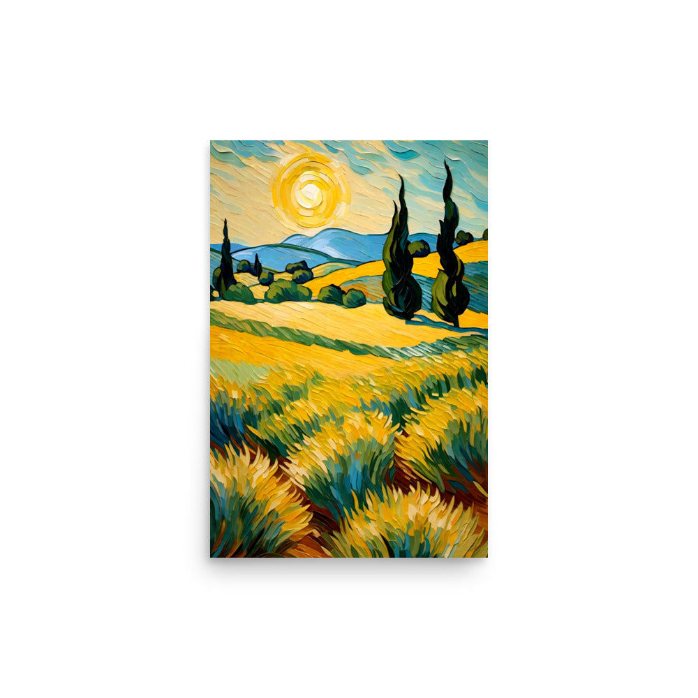 A vibrant yellow landscape painting in a Van Gogh style, artwork with a burst of color.