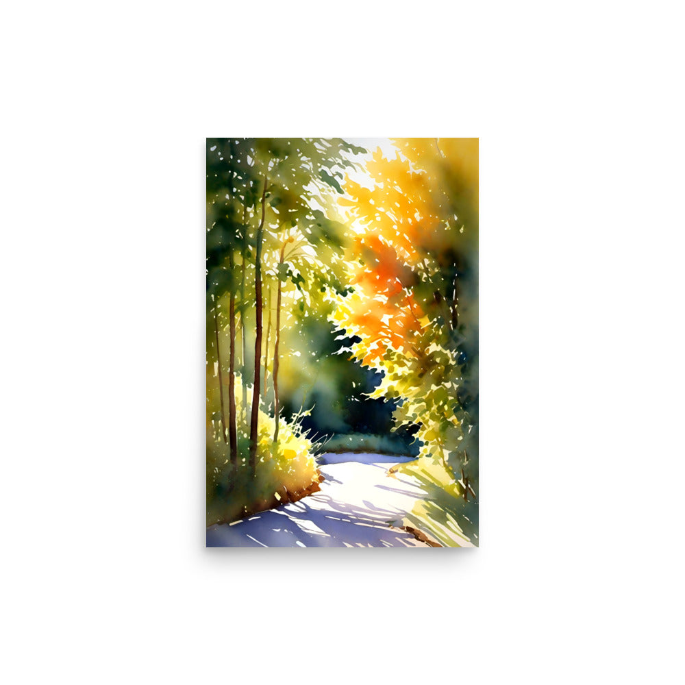 A watercolor painting with orange and yellow trees lit by sunlight shining from behind them.
