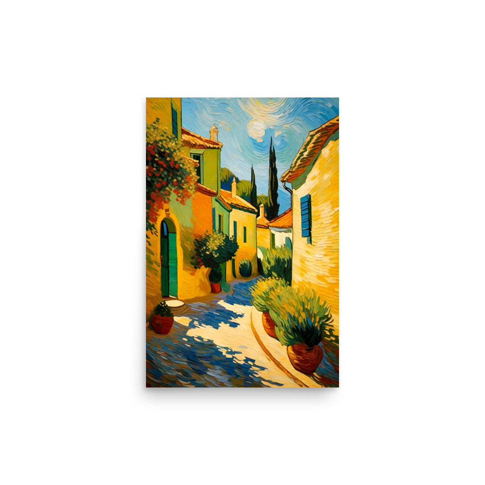 Village buildings have terracotta roofs exuding warmth. Shuttered windows beckon invitingly. Blue swirls contrast beautifully with golden sky tones. Potted plants line the winding path greenly. A distant cypress reaches the turbulent crescent moon sky.