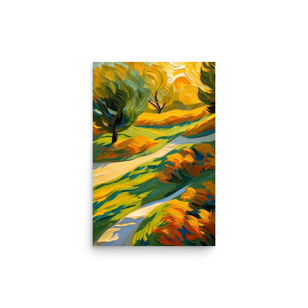 A hillside painting with beautiful bright trees and sunset on the horizon.