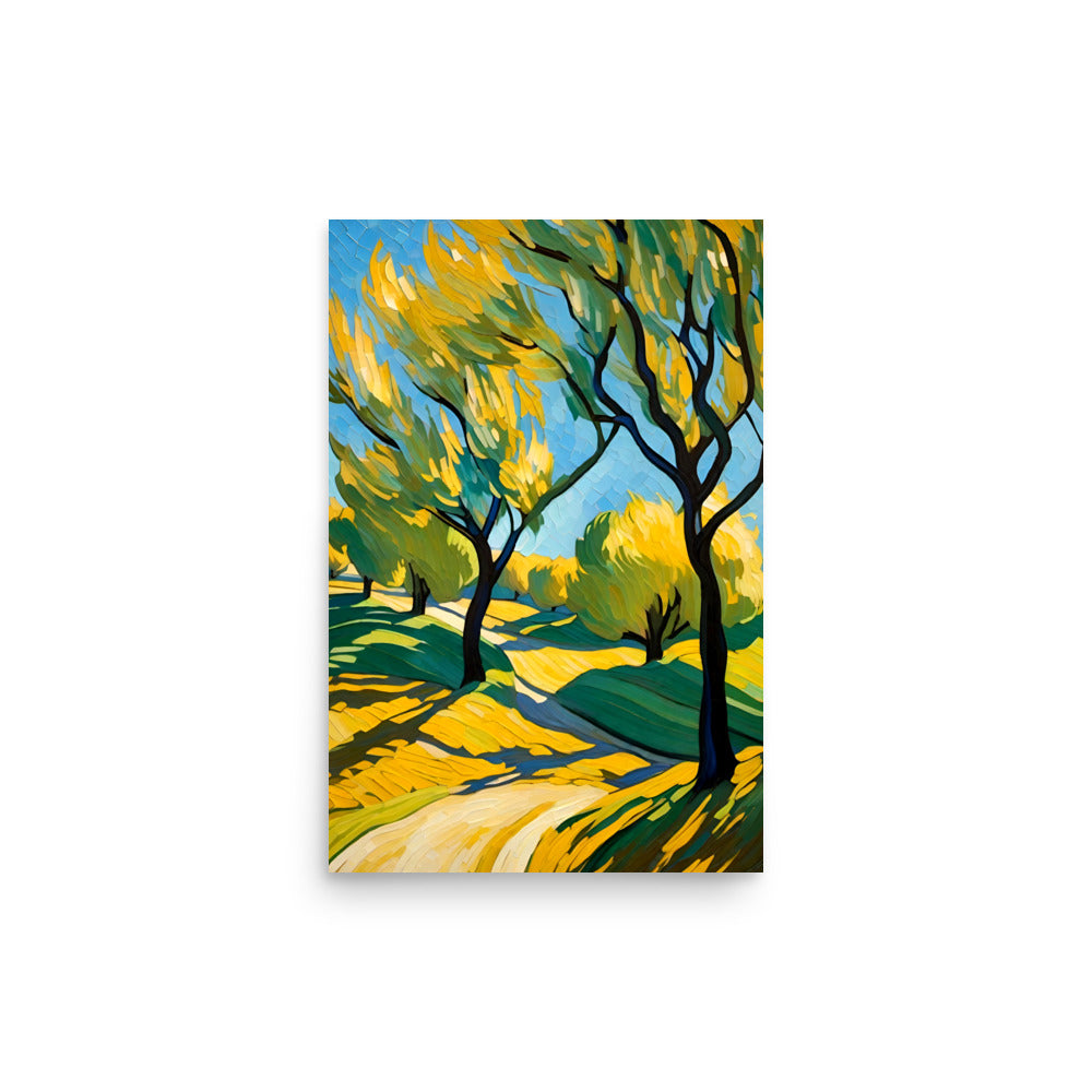 A painting with colorful yellow hills and bright sunlit trees blowing in the wind.