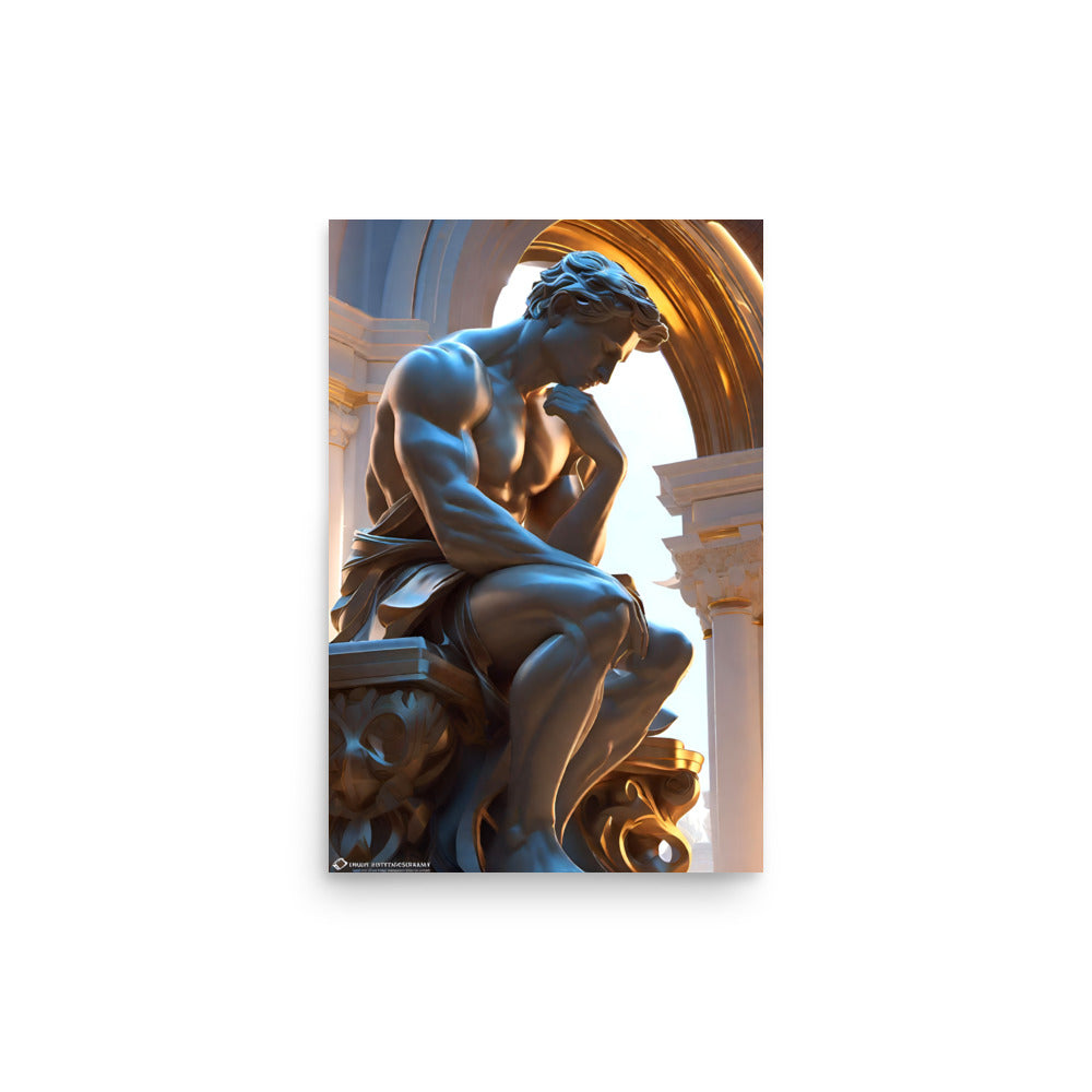 Muscular male figure strikes contemplative pose. Vivid blue, bronze hues vividly capture form. Ornate architectural backdrop elegantly frames sculpture.