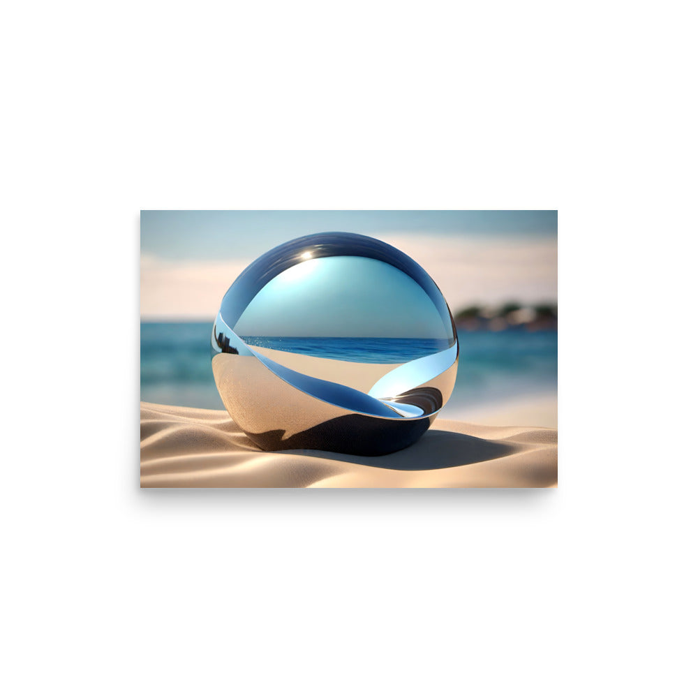 A unique ocean artwork, huge crystal ball with reflections of the beach.