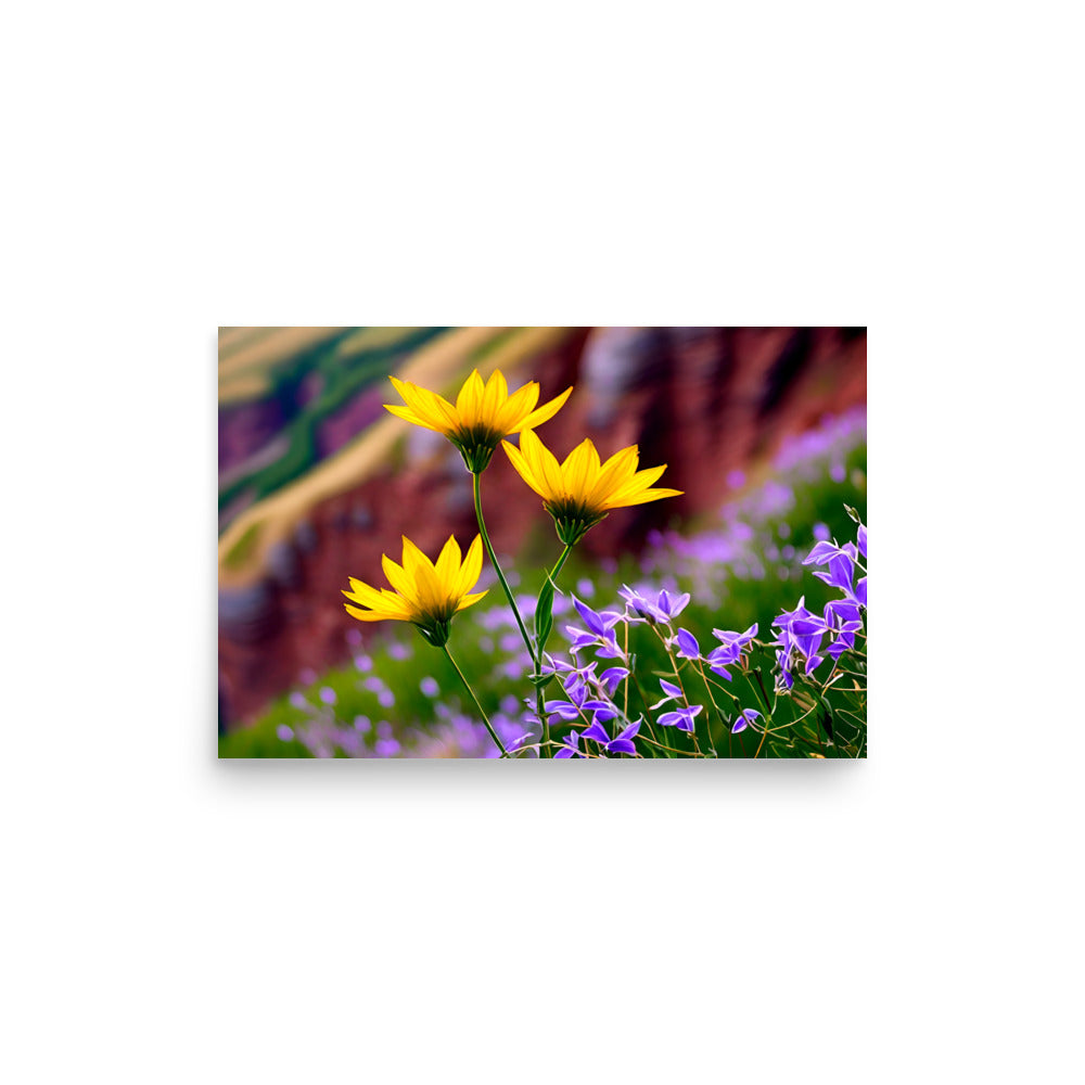Breathtaking floral art print with small purple flowers and large yellow flowers and red cliffs.