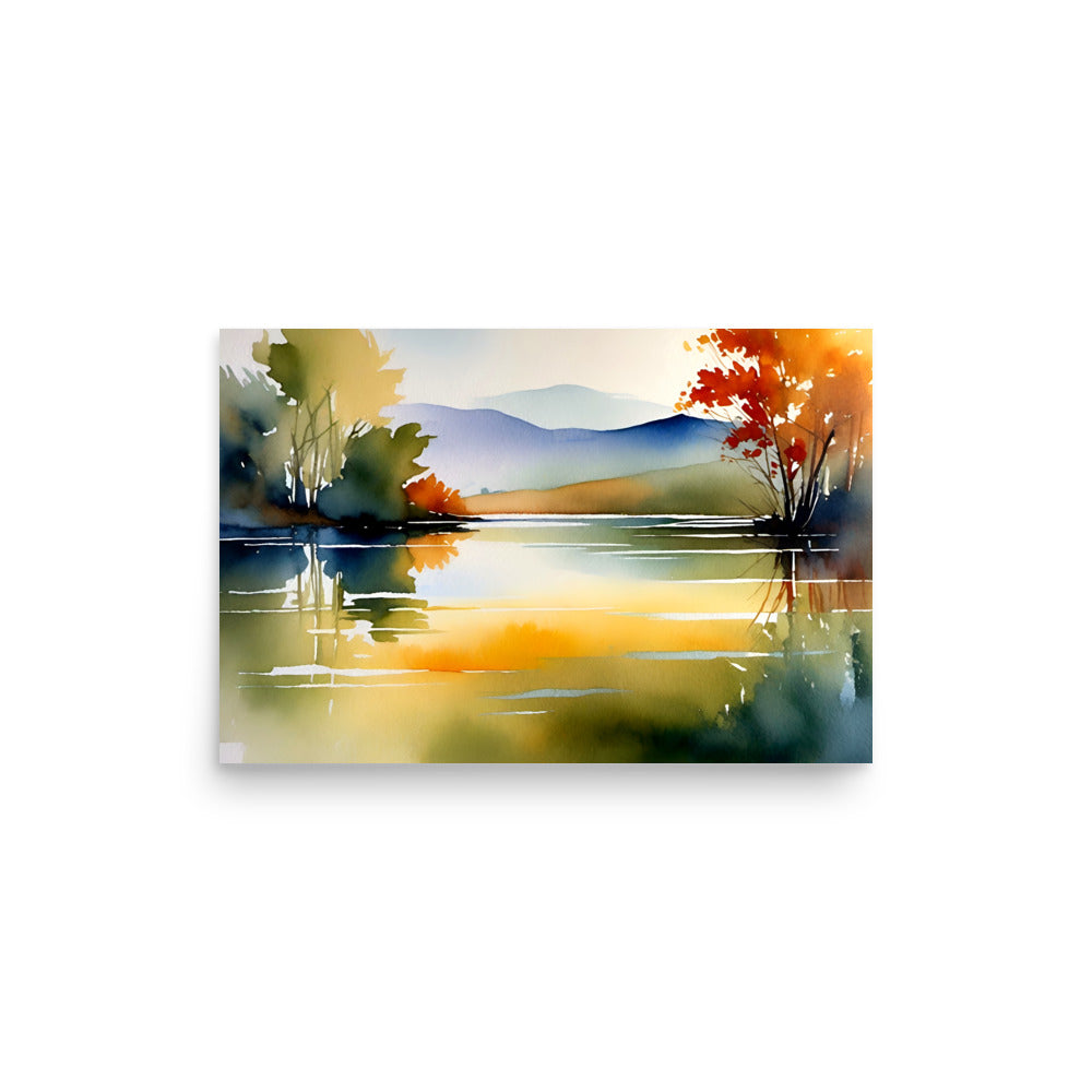A serene watercolor landscape painting of trees full of color in Fall along a lakeside.