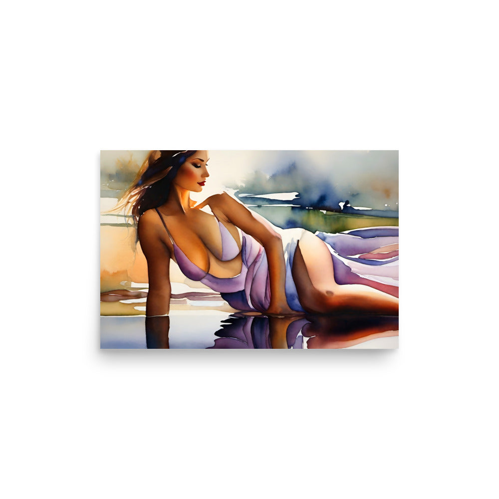 Art with a woman in a swimsuit laying on the sandy shorelines, wearing a light purple suit.