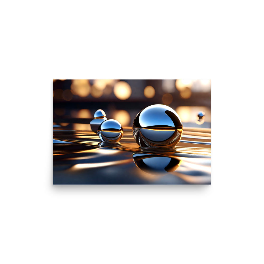 Reflective blue, black spheres calmly rest. Their glossy surface supports rounded forms. Golden bokeh lights beautifully mirror.