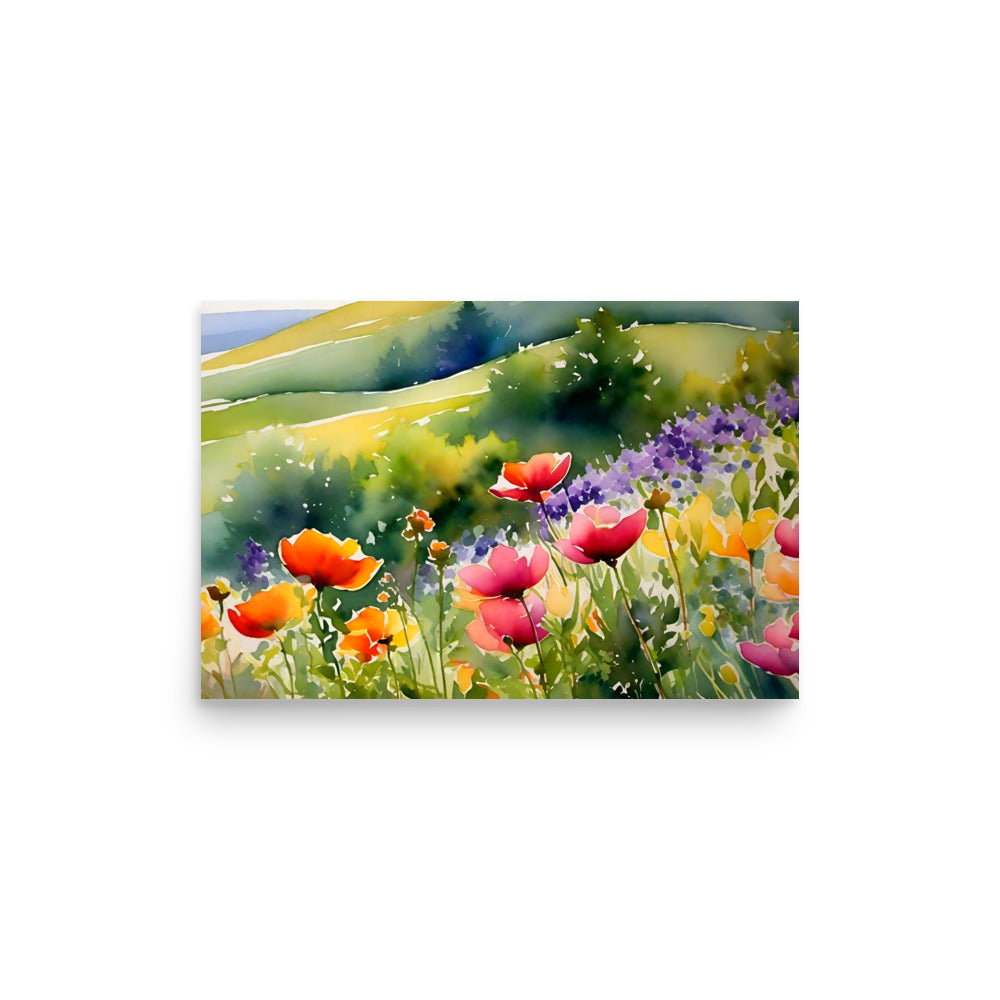 Hillside flowers with orange, purple and pink colors on a lush green hilltop.