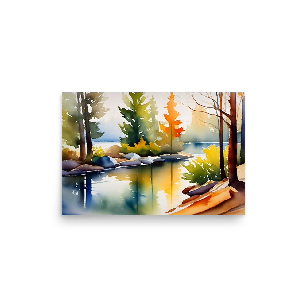 Painting of a forest with a river, and colorful trees reflecting from the water.