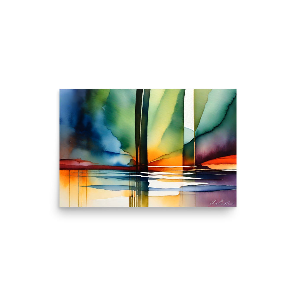 Sailboats in the sunset, a watercolor abstract art painting style of sunset on the water.