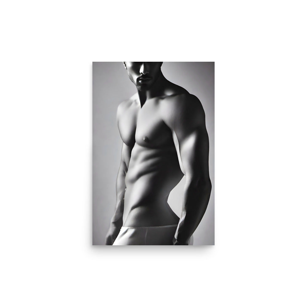 A shirtless dude posing in a black and white art, photorealistic style with modern composition.