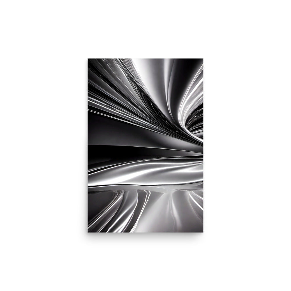 Swirling black and white metallic ribbons form fluid curves. These curves create abstract patterns with dynamic composition. The movement is captured mesmerizingly.