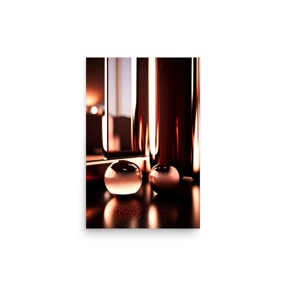 Copper colored modern art with glass spheres with tiny bubbles and artistic reflections.