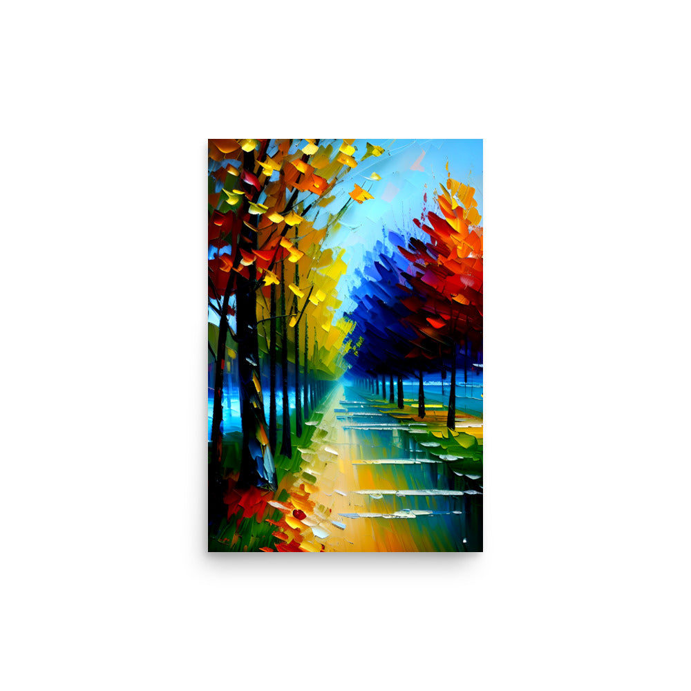 Amazing brushstrokes and color, done in paletteknife style of painting with a reflective walkway.