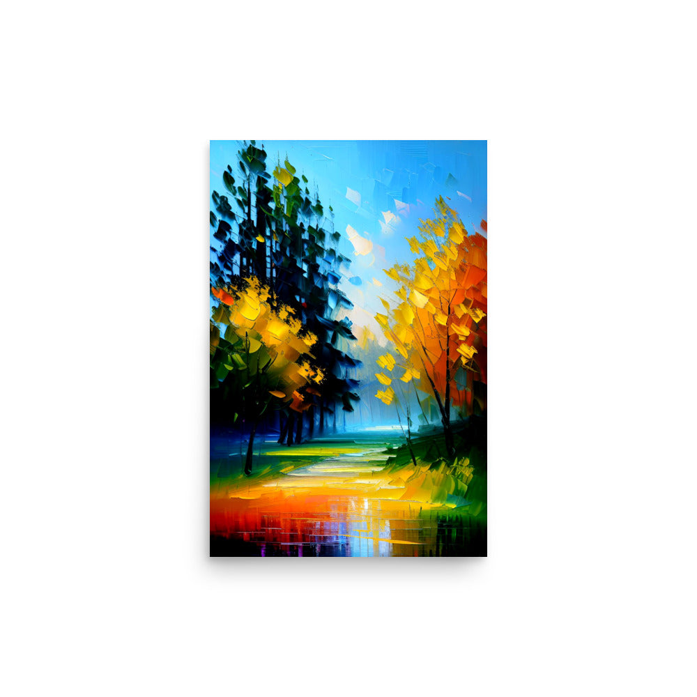 Bright orangish yellow trees in water reflections, a stunning paletteknife landscape painting.