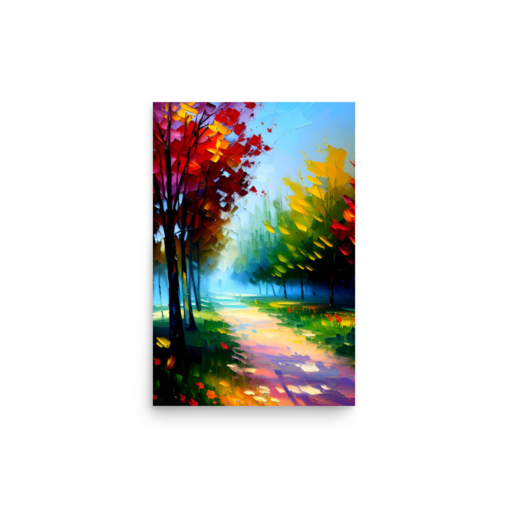 A painting with red trees and yellow trees along a trail, beautifully lit by the sun.