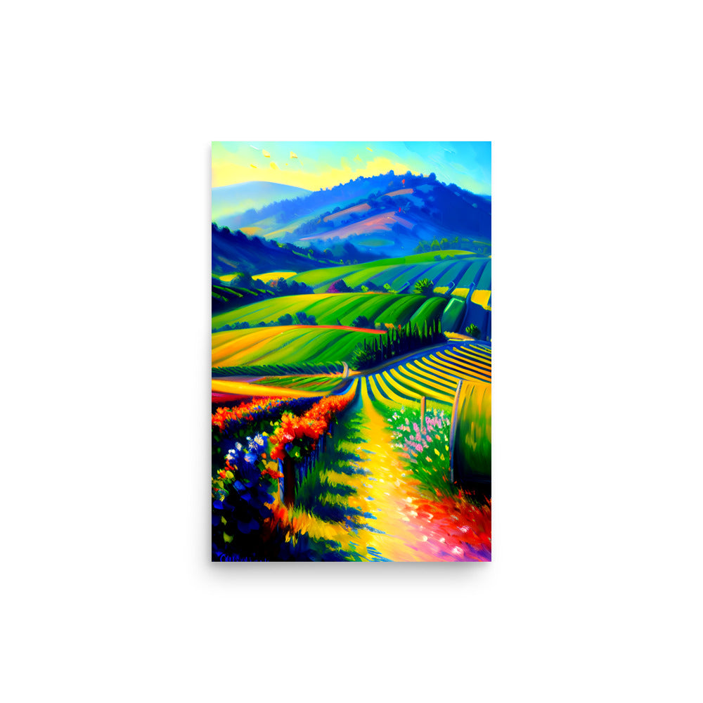 The hills of Napa, colorful vineyard art with California's beautiful wine country.