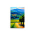 A painting with vineyards and rolling mountains, in this colorful wine country oil painting.