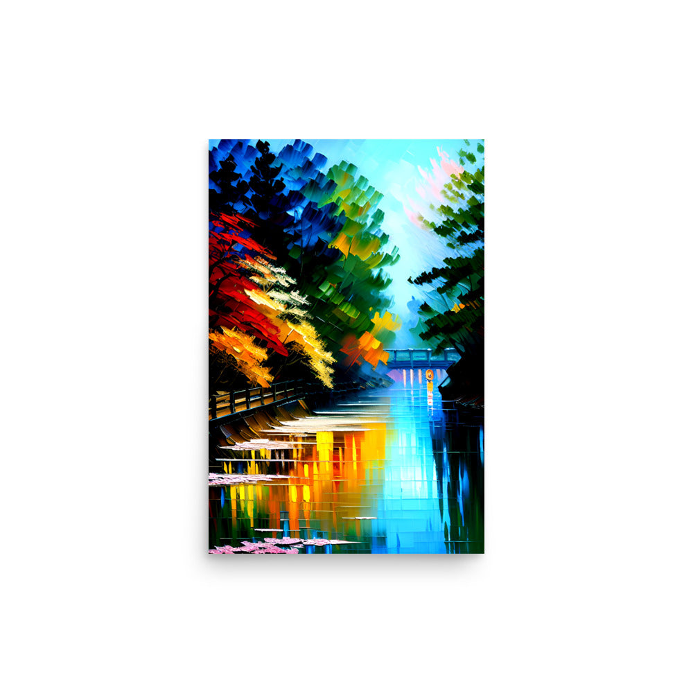 A beautiful park painting with reflective water, trees painted in brilliant fall colors.