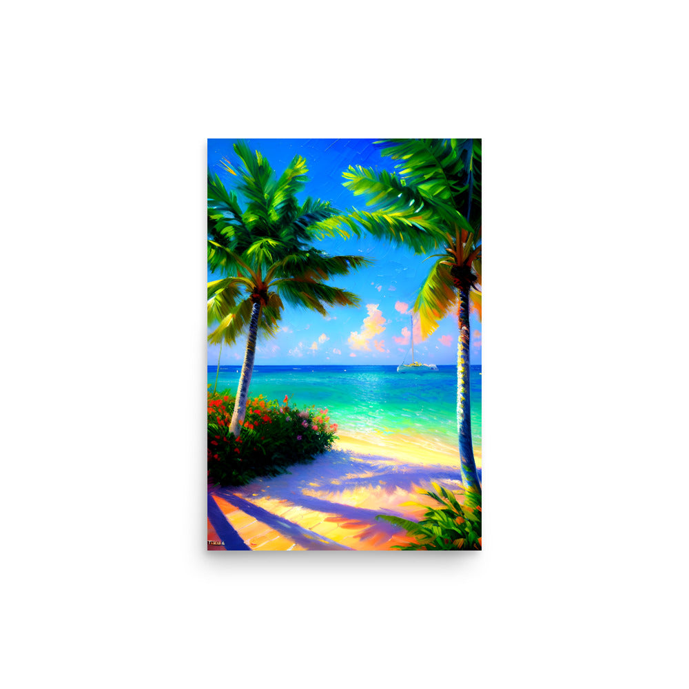 A palm tree paradise, white sandy beach, beautiful turquoise water, sailboat sailing.