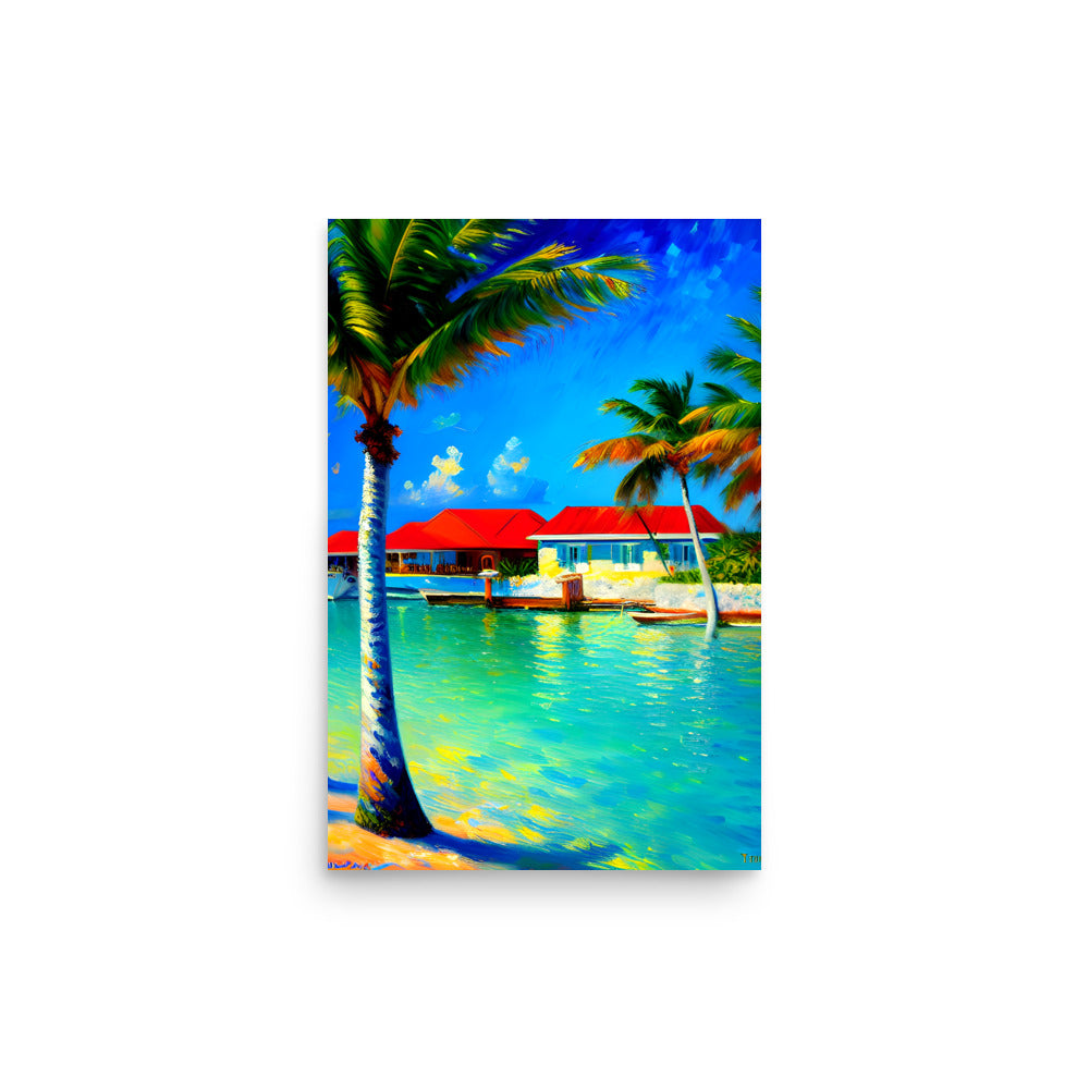 Towering palm trees gently sway in breeze. Vibrant blue sky is adorned with fluffy clouds. Turquoise waters mirror colorful shore structures. Small boat beckons exploration from wooden dock. Whimsical style encapsulates dreamy tropical escape.