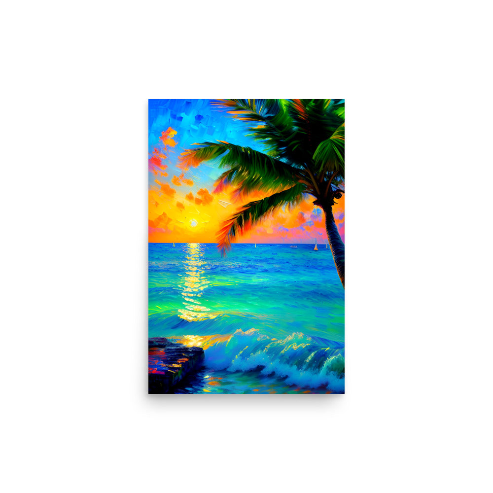 A tropical paradise painting with a sailboat on emerald waters and a sunset glowing.