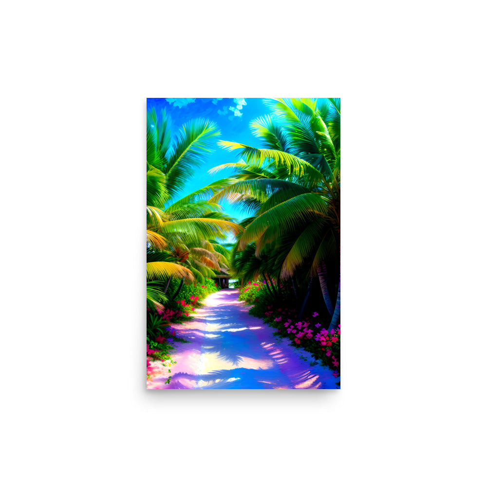 Beautiful palm tree painting with brightly painted sunlit palm leaves and pink flowers.