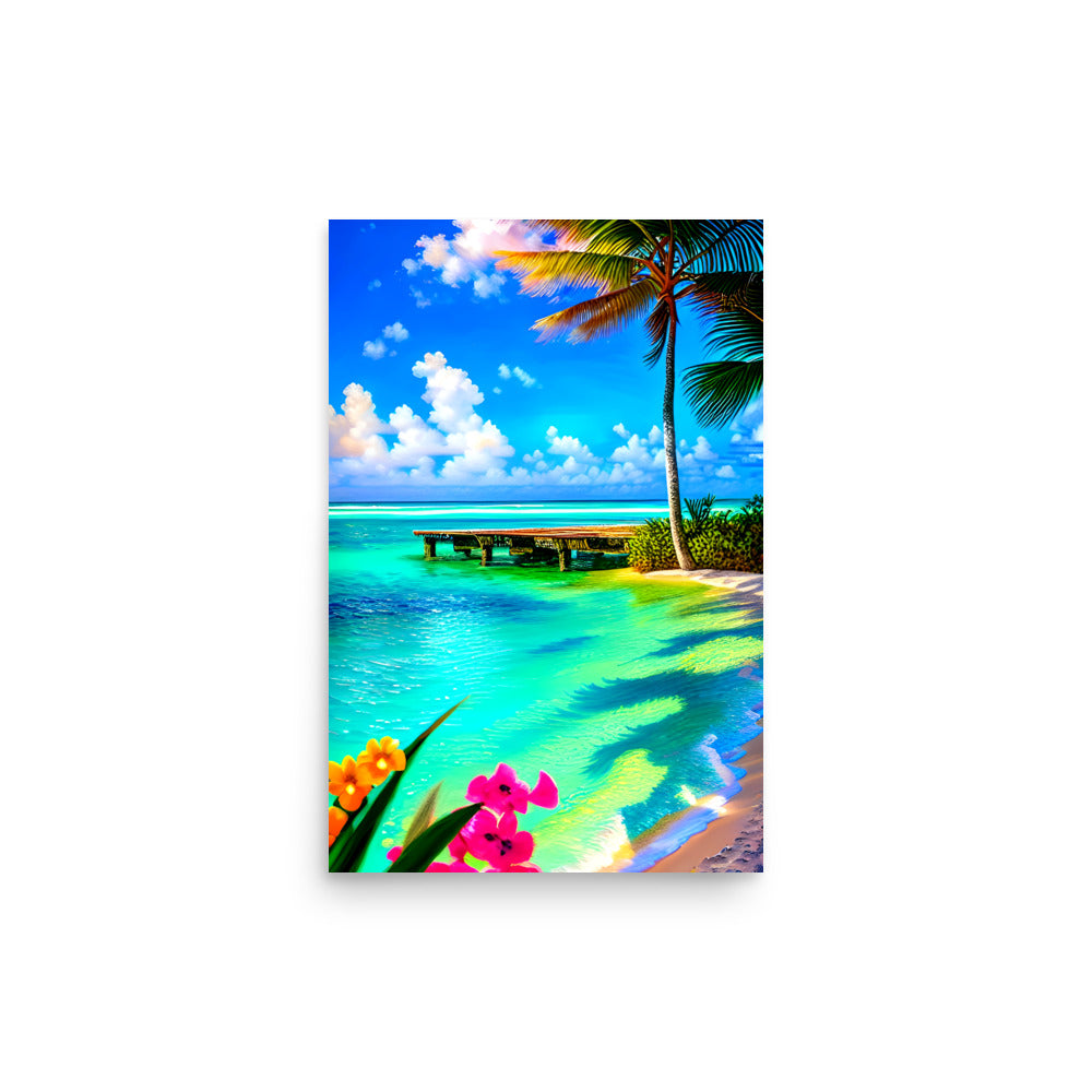 Painting of the tropics, bright bluish green water with vibrant orange and pink tropical flowers.