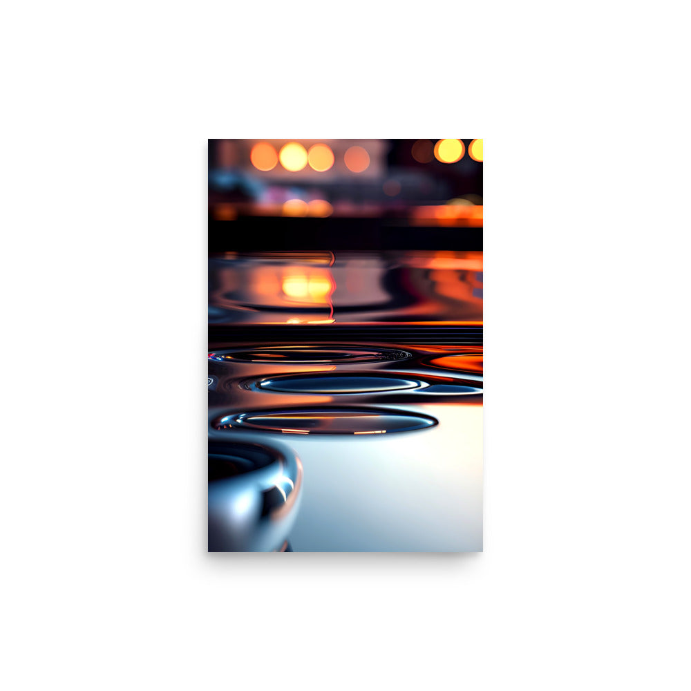 Modern art with stunning reflections, colorful city lights reflecting off the rippled water.