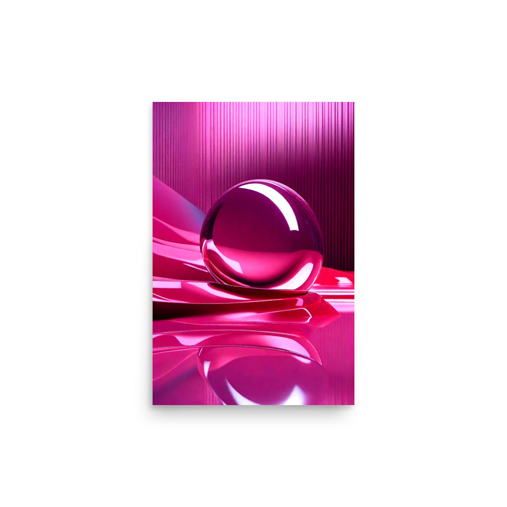 Art with glossy pink spherical sculpture on a shiny pink surface.