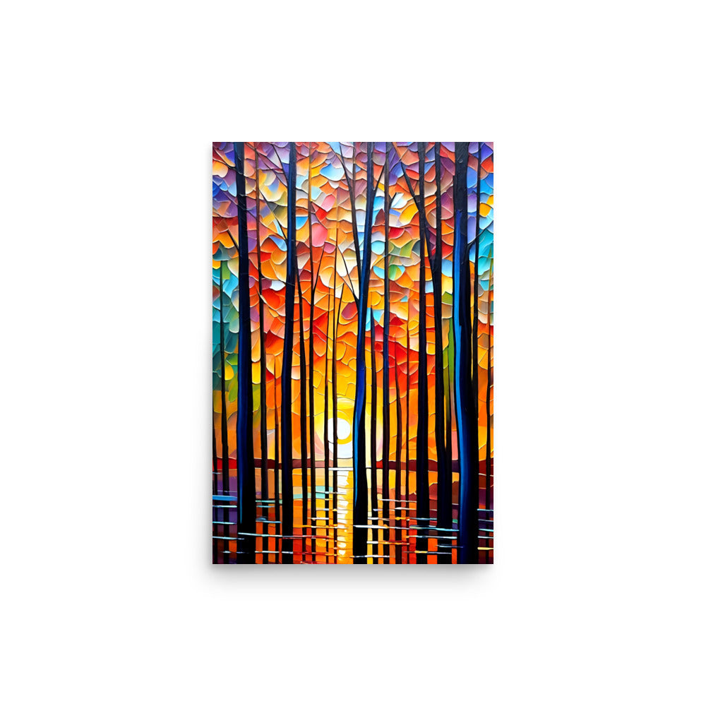 Colorful sunset behind trees, painted in vibrant hues and bold silhouettes.