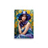Sophisticated art with a woman adorned in a floral dress and brimmed hat.