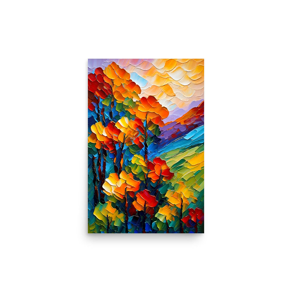 Vibrant strokes of paint create a lively floral scene with fiery autumn tones.