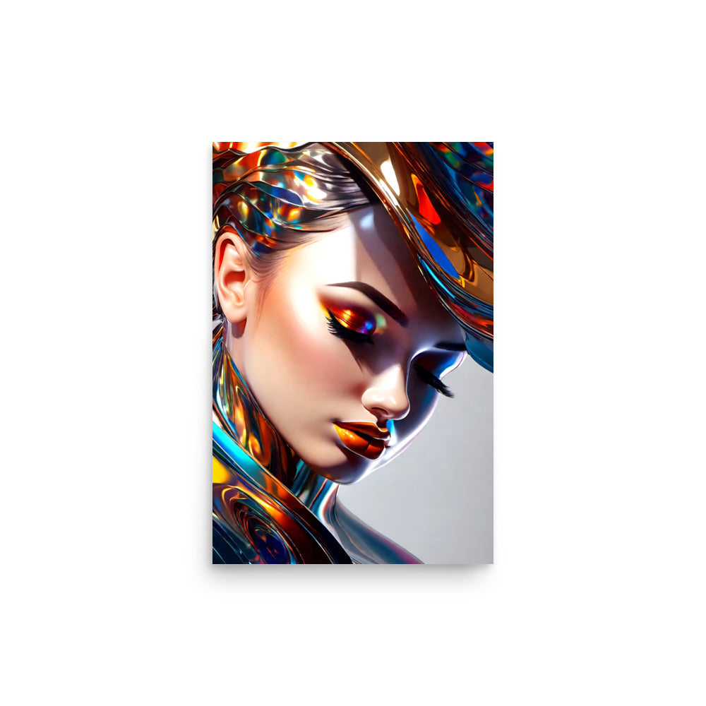 Vivid portrait of a woman with colors melting into a sleek metallic textures.