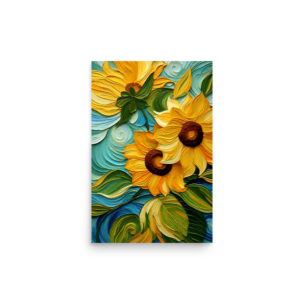 Thick impasto brushstrokes create bright yellow sunflowers with rich brown centers.