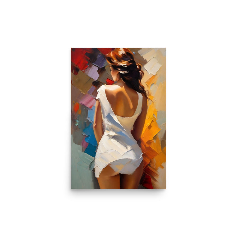 A sensual abstract painting of a sexy woman wearing a short white dress.