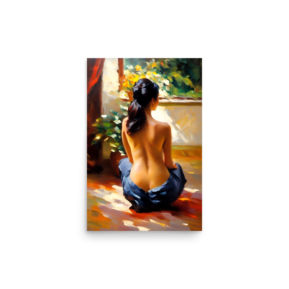 A sensual painting of an attractive woman gazing out a window.