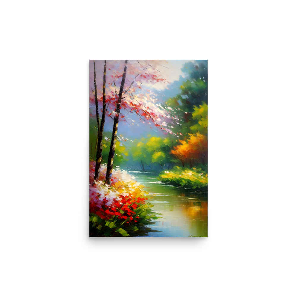 A peaceful riverside scene in an impressionistic style with delicate pink blossoms.