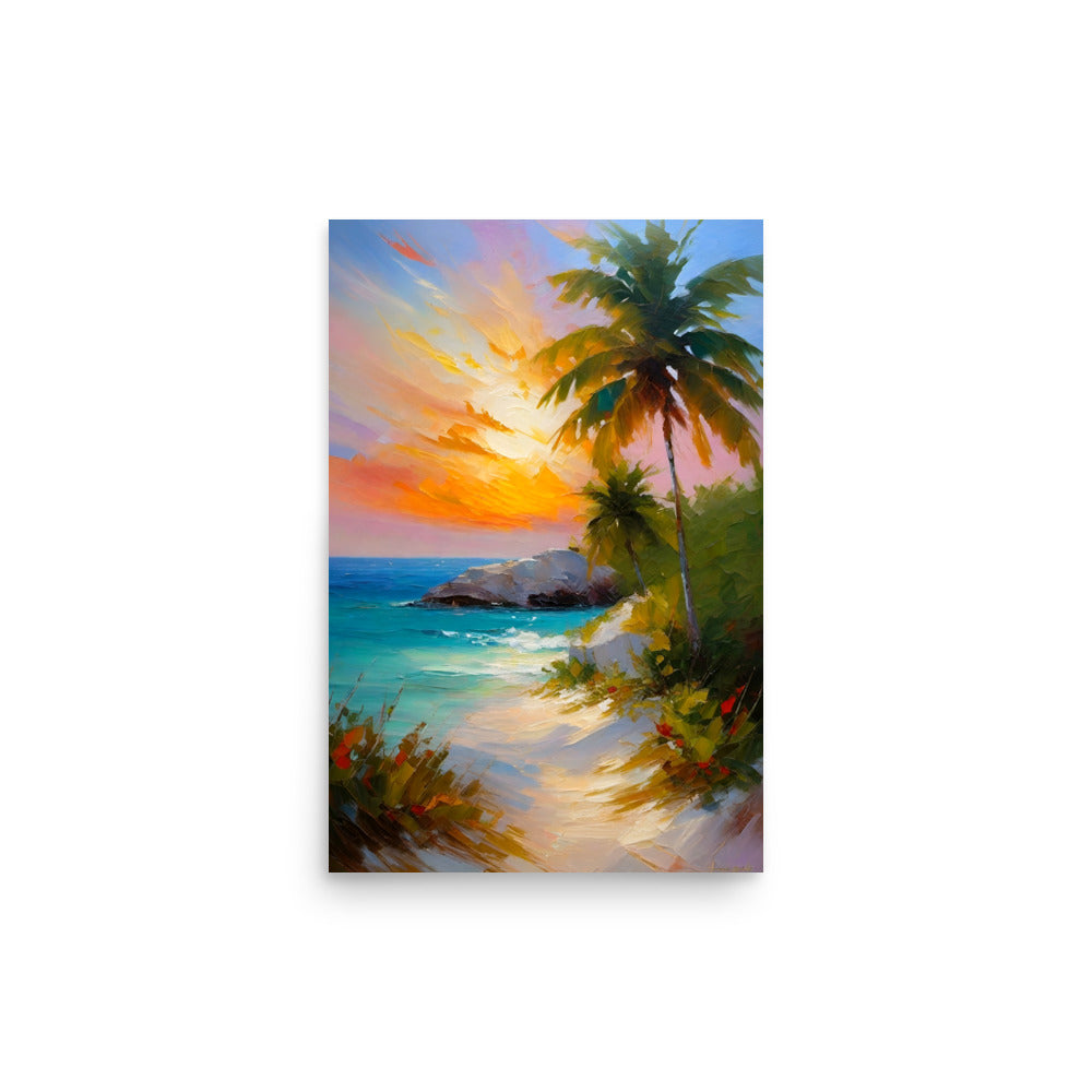 A serene coastal scene with palm trees silhouetted against a brilliant sunset sky.