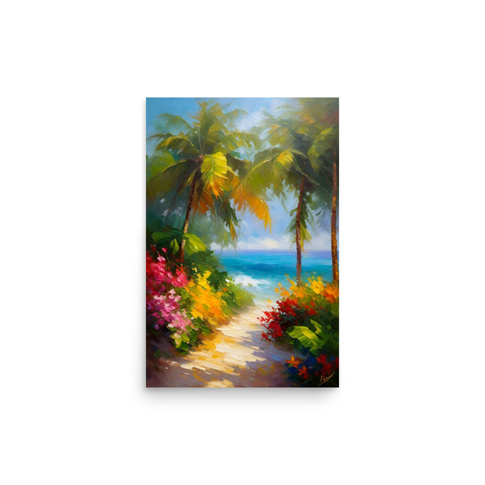 A sunlit path through flourishing tropical greenery with azure ocean waters.