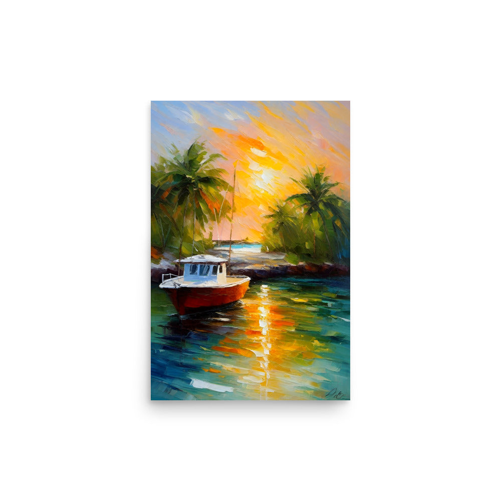 Ocean waters gently embrace small boat. Brilliant sunset paints sky orange, yellow hues. Reflections dance upon tranquil surface waves. Verdant palm trees fringe shoreline's sandy border.