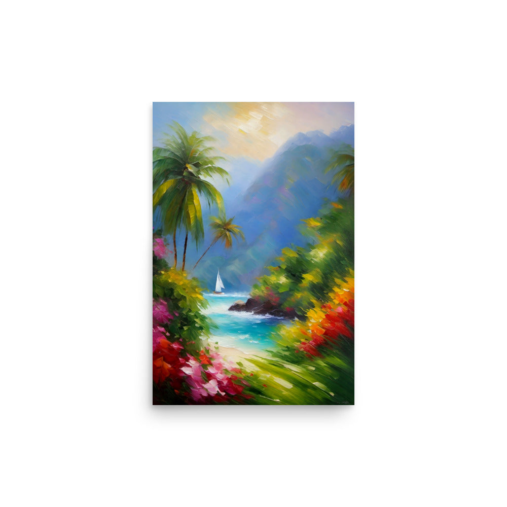A tropical beach vista painted with bright joyous colors with loose brushwork.