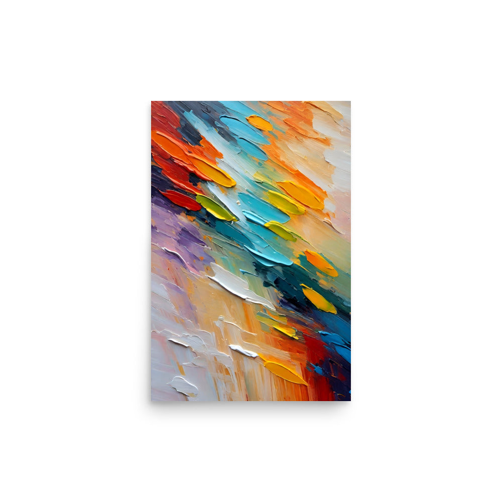 Abstract painting with sweeping strokes of bright colors conveying warm and cool tones.