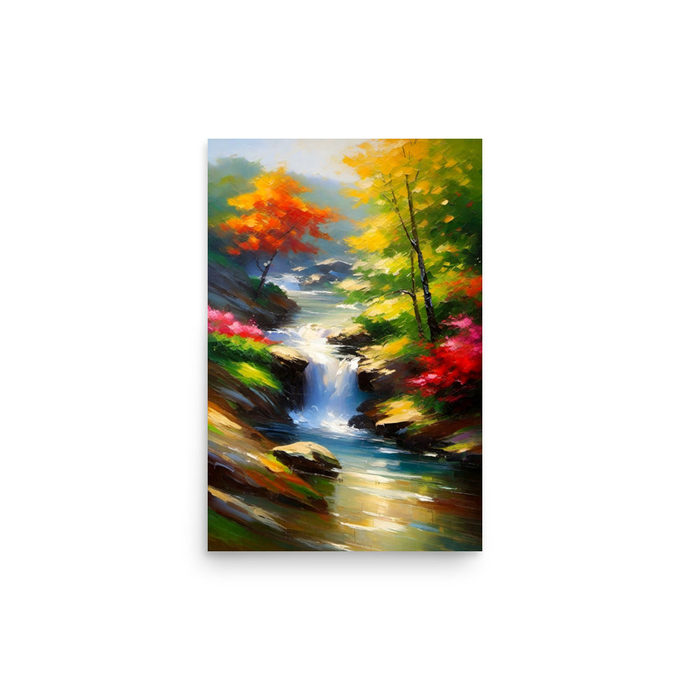 Dynamic painting featuring a cascade amidst colorful autumn foliage with vivid brushstrokes.