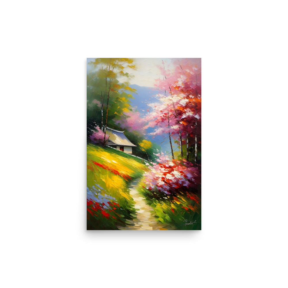 Impressionist art landscape with vibrant strokes of color with a blossoming meadow.