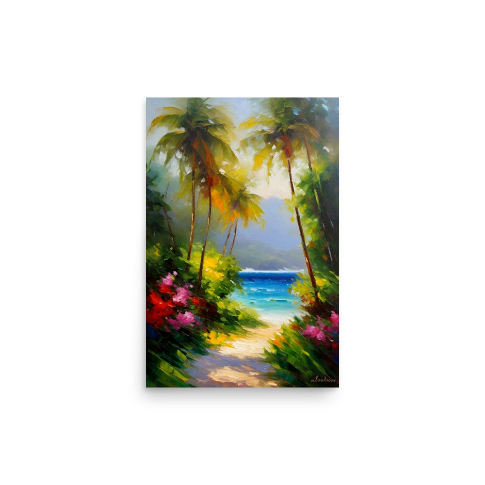Lush palm trees on a sandy path and a serene blue ocean, and vibrant flowers.