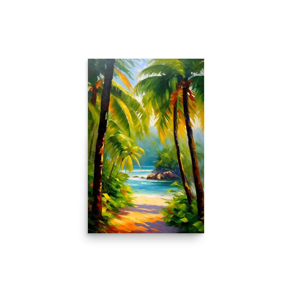 Lush tropical scene with vibrant flora background and a tranquil blue sea.