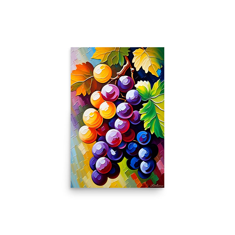 Vibrant grapes dangle amid lush greenery. Impressionistic brushstrokes render vibrant hues. Lifelike energy emanates from canvas.